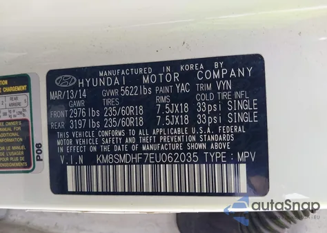 2014 Hyundai Santa Fe Gls/Limited из США, поврежденный, VIN KM8SMDHF7EU062035